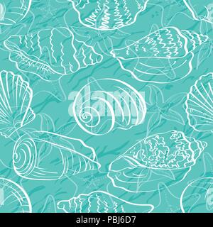 Sfondo senza giunture, contorno di conchiglie Illustrazione Vettoriale
