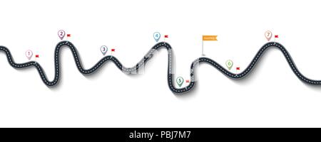 Viaggio su strada e il cammino percorso. Strada di avvolgimento su un bianco sfondo isolato con bandiere e il pin dei puntatori. EPS vettoriali 10 Illustrazione Vettoriale