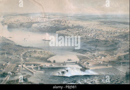 1814 vista di Parliament Hill e Chaudière cade. "Città di Ottawa, Canada Ovest", ca. 1859, da uno stent e la conca. Foto Stock