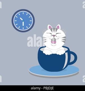 Tazze da caffè su piattini e cute cat, latte o caffè cappuccino, vettore di stile. Illustrazione Vettoriale