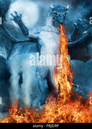 Paesaggio di notte con un blue Dragon fuoco respirazione. 3D render. Foto Stock