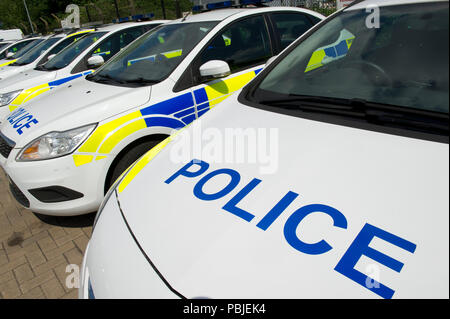 Avon & Somerset Constabulary. PC Andy Bird Patchway dalla stazione di polizia,Bristol,utilizzando il sistema informatico nella sua auto di pattuglia nella zona Patchway. Foto Stock