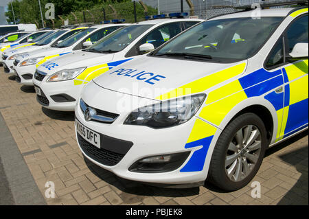 Avon & Somerset Constabulary. PC Andy Bird Patchway dalla stazione di polizia,Bristol,utilizzando il sistema informatico nella sua auto di pattuglia nella zona Patchway. Foto Stock