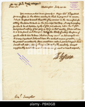 913 lettera firmata Thomas Jefferson, Washington, Gen. Sumpter, luglio 20, 1804 Foto Stock