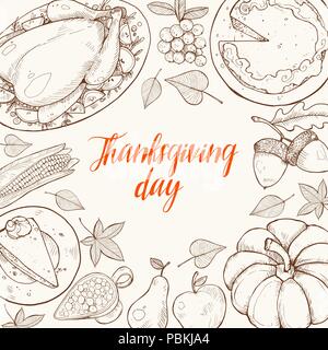 Felice giorno del ringraziamento biglietto di auguri Modello. Ringraziamento poster con arrosto di tacchino, torta di zucca e aconrs schizzi. Composizione orizzontale con t Illustrazione Vettoriale
