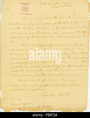 906 lettera firmata Col. Larkin Smith, collettore di ufficio, Norfolk, di Thomas Jefferson, 3 Agosto 1808 Foto Stock