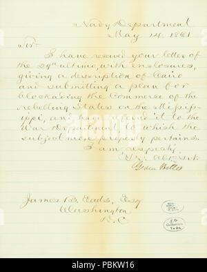 908 lettera firmata Gideon Welles, Dipartimento della Marina, a James B. Eads, Washington D.C., 14 maggio 1861 Foto Stock