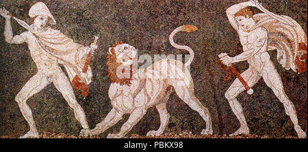 924 Lion mosaico di suoneria a Pella Foto Stock