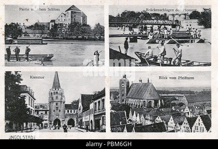 . Deutsch: Ingolstadt, Postkarte mit vier Ansichten. Oben links: Donau mit Neuem Schloss. Oben rechts: Pioniere beim Brückenbau und Donautor. Links Unten: Kreuzstraße und Kreuztor von Osten. Unten rechts: Blick vom Pfeifturm auf die Theresienstraße und das Münster. Inglese: Ingolstadt, cartolina con quattro viste della città. In alto a sinistra: Fiume Danubio e Nuovo castello. In alto a destra: Sappers per costruire un ponte di fronte al cancello del Danubio. In basso a sinistra: Kreuzstraße e santo Cross Gate da est. In basso a destra: vista dal Pfeifturm su Theresienstraße e ministro della Nostra Beata Signora. Italiano: Ingolstadt, cartolina Foto Stock