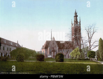 . Deutsch: Kirche und Graues Haus Wörlitzer Park um 1900 . tra il 1890 e il 1905 862 Kirche Graues Haus Woerlitzer Park 1900 Foto Stock