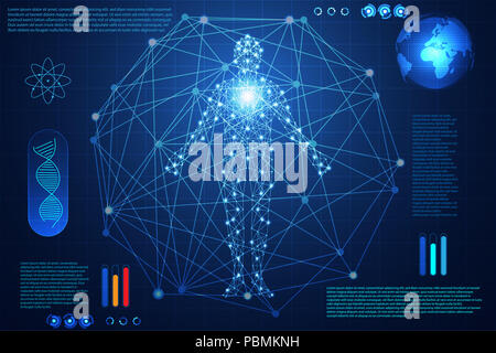 Tecnologia astratta ui concept futuristico hud ologramma interfaccia di elementi di dati digitali grafico, di comunicazione, di calcolo,corpo umano digital health ca Foto Stock