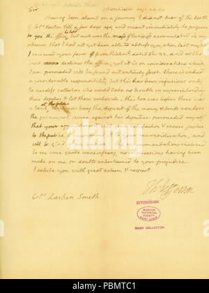 912 lettera firmata Thomas Jefferson, Monticello, Col. Larkin Smith, 24 Settembre 1807 Foto Stock