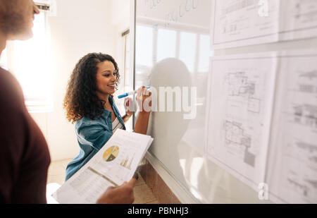 Imprenditrice scrivere sulla lavagna in ufficio mentre il suo compagno è in possesso di documenti. Ufficio i colleghi discutere di affari di idee e progetti su un whiteboa Foto Stock