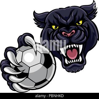 Black Panther tenendo palla calcio calcio Mascotte Illustrazione Vettoriale