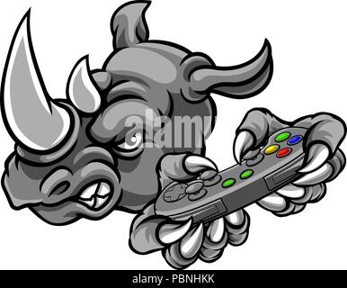 Rhino Gamer mascotte Controller di contenimento Illustrazione Vettoriale