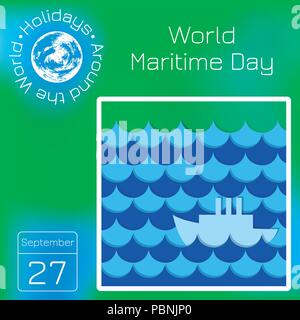 Mondo Giornata marittima. Settembre 27. Onde stilizzate e il sistema di cottura a vapore. Calendario. Vacanze in tutto il mondo. Evento di ogni giorno. Green blur sullo sfondo - nome, da Illustrazione Vettoriale