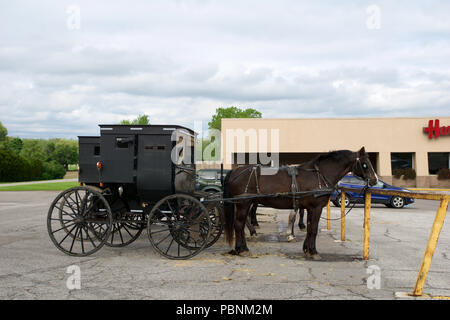 MIDDLEBURY, Indiana, Stati Uniti - Maggio 22nd, 2018: vista degli Amish carrello lungo la città, noto per la vita semplice con un tocco di natura contacy, pianura, abito e riluttanza ad adottare le comodità della tecnologia moderna Foto Stock