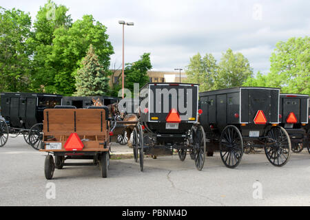 MIDDLEBURY, Indiana, Stati Uniti - Maggio 22nd, 2018: vista degli Amish carrello lungo la città, noto per la vita semplice con un tocco di natura contacy, pianura, abito e riluttanza ad adottare le comodità della tecnologia moderna Foto Stock