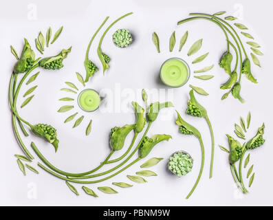 Botaniche laici piatto con foglie , verde di fiori e candele su sfondo bianco, vista dall'alto. Terme, Benessere, Bellezza, relax e vegane skin care concept Foto Stock