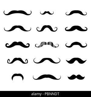 Insieme di diversi mustaches, silhouette in nero su sfondo bianco, illustrazione vettoriale. Illustrazione Vettoriale