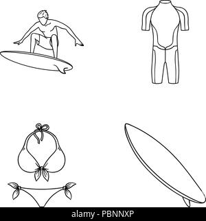 Spiaggia,bikini,board,grassetto,vestiti,raccolta,estrema,femmina,icona,immagine,isolato,logo,l'uomo,ocean,l'opacità,contorno,ricreazione,impostare,segno,sport,surfer,navigazione,costume da bagno,il simbolo,tropici,vettore,ondata,web,muta,zschitita, Vettori vettore , Illustrazione Vettoriale