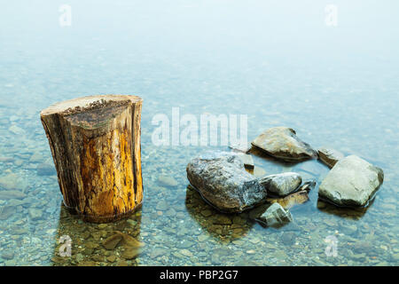 Una immagine di un ceppo di albero e di una formazione di pietre seduta in acqua chiara sul bordo di un lago. Foto Stock