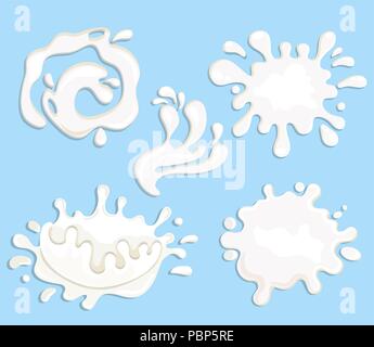 Set di cinque latte, yogurt e spruzzi di crema, cadute e blot. Elementi perfetti per stampare il modello di progettazione. Illustrazione Vettoriale. Illustrazione Vettoriale