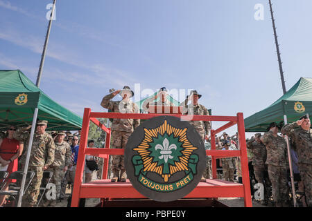 Col. Patrick J. Ellis, 79il colonnello del Reggimento, Briga. Gen. Christopher LaNeve, comandante generale, 7 Esercito di formazione di comando e Col. Thomas M., Hough ottantesimo il colonnello del Reggimento, salutate bandiera durante l'inno nazionale al 2d reggimento di cavalleria del cambiamento del comando di cerimonia alla caserma di Rose, Germania, 20 luglio 2018.(STATI UNITI Foto dell'esercito da 1Lt. Ellen C. Brabo, 2d della cavalleria) Foto Stock