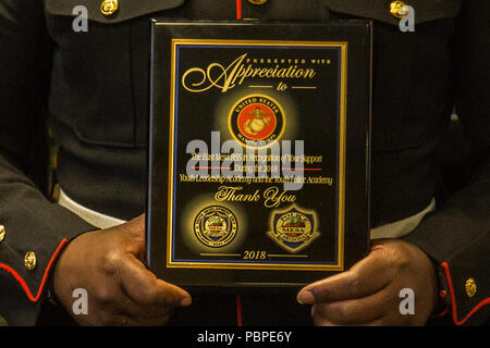Reclutatori marino con stazione di reclutamento Phoenix ricevuto una placca dalla Mesa dipartimento di polizia per il loro sostegno nei loro programmi a favore dei giovani sulla luglio 19, 2018 in Mesa, AZ. I marines supportati i dipartimenti di polizia della Gioventù Leadership Academy e la gioventù accademia di polizia. (U.S. Marine Corps foto di Sgt. Alvin Pujols) Foto Stock