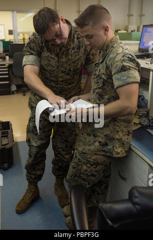 Sgt. Justin W. Ivie, sinistra e Cpl. Davis E. Steiner, a destra di guardare al di sopra di un foglio di calcolo per un veicolo automated diagnostic system Luglio 23, 2018 a Camp Kinser, Okinawa, in Giappone. Il foglio di calcolo viene utilizzato per assicurarsi che le calibrazioni e il software di diagnostica sono corrette per il veicolo automated diagnostic system. Ivie e Steiner sono misure di test e per apparecchiature di diagnostica con i tecnici di manutenzione elettronica azienda logistica di combattimento reggimento 35, terzo Marine Logistics Group. Ivie è un nativo di Oviedo, Florida. Steiner è un nativo di Atlanta, Georgia. (U.S. Marine Corps photo by Lance Cpl. Foto Stock