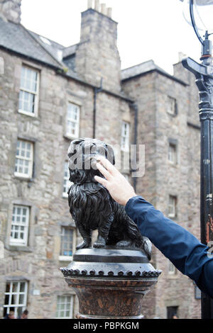 Tourist toccando Greyfriars Bobby statua, Edimburgo in Scozia per portare loro fortuna. Foto Stock