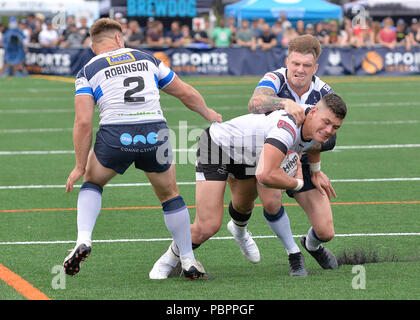 Lamport Stadium, Toronto, Ontario, Canada, 28 luglio 2018. Quinn Ngawat di Toronto Wolfpack in attacco contro Featherstone Rovers durante il Toronto Wolfpack v Featherstone Rovers nel Betfred campionato. Credito: Touchlinepics/Alamy Live News Foto Stock