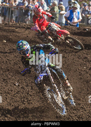 Washougal, WA USA. 28 Luglio, 2018. # 31 Colt Nichols venuta fuori del turno14 durante l'olio Lucas Pro Washougal Motocross National 250 campionato di classe a Washougal, WA Thurman James/CSM/Alamy Live News Foto Stock