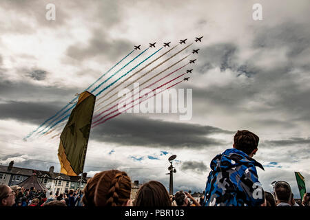 Bray, Co. Wicklow, Irlanda. Il 29 luglio 2018. Il Royal Airforce frecce rosse eseguire a Bray Air Show. Credito: Douglas O'Connor Alamy Live News. Foto Stock