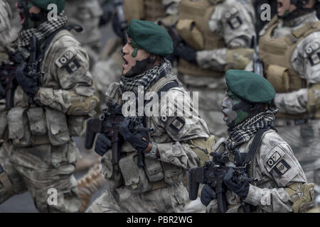 Lima, Lima, Perù. 29 Luglio, 2018. Gli ufficiali peruviane visto che partecipano alla parata militare.I membri del governo del Perù da forze armate, guardia costiera, ricerca e salvataggio, e polizia marzo in grande uniforme durante il paese della Gran Parada Militar. Questa sfilata si verifica sempre il giorno dopo il Perù giorno dell indipendenza segna la fine ufficiale di festeggiamenti in tutta la nazione. Credito: Guillermo Gutierrez SOPA/images/ZUMA filo/Alamy Live News Foto Stock