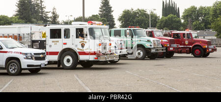 Modesto, California, U.S.A. 29 Luglio, 2018. Una linea di Yosemite Park Vigili del Fuoco, US Forest Service, CalFire, e modesto dei Vigili del Fuoco apparecchiatura riempito il parcheggio al Stanislao County Coroner's office Luglio 29, 2018. Hughes è stato il secondo pompiere ucciso combattendo il Ferguson Incendio di Mariposa County secondo i Parchi Nazionali di Servizio. Non sono stati definiti i dettagli riguardanti il modo in cui egli è stato ucciso. Credito: Marty Bicek/ZUMA filo/Alamy Live News Foto Stock