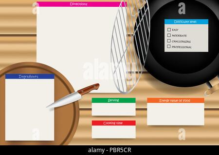 La cottura di tavola di legno con un round table grill camino nell'angolo in alto a destra del vettore. Scheda di cottura contiene round tagliere e vuoto n. Illustrazione Vettoriale
