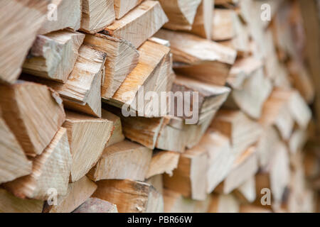 La catasta di legna da ardere di close-up. Tritato fresco di legna da ardere. Disposti in una fila. Foto Stock