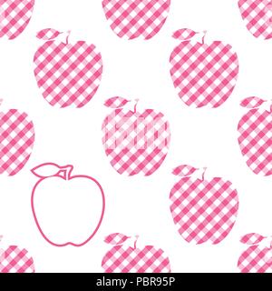 Vettore Apple rosa astratto a scacchi . Modello senza cuciture con accento un contorno apple isolati su sfondo bianco. Illustrazione Vettoriale