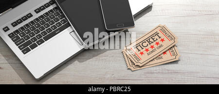 Mostra online booking concetto. Vecchio cinema biglietti di tipo isolato, laptop, tablet e smartphone su un sfondo di legno, banner, 3d'illustrazione. Foto Stock