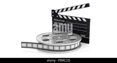 Concetto di cinematografia. Film bobina e un filmato battaglio su uno sfondo bianco, isolata, 3d'illustrazione. Foto Stock