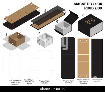 Magnete rigida box modello 3d mockup con dieline Illustrazione Vettoriale