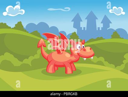 Fantasy estate illustrazione vettoriale con castello e un drago rosso Illustrazione Vettoriale