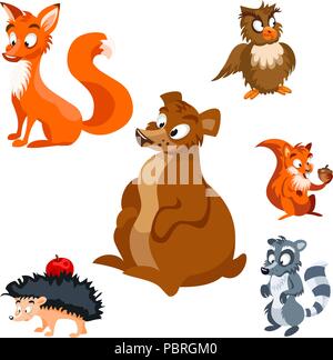 Set di vector cartoon gli animali del bosco orso, raccoon, lo scoiattolo con un dado, OWL, riccio con un apple, fox Illustrazione Vettoriale