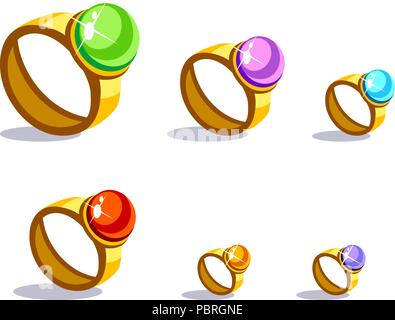 Set di cartoon vettore anelli in oro con pietre in diversi colori per un gioco Illustrazione Vettoriale