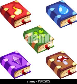 Set di vettore di cartoon libri di magia in diversi colori per un gioco Illustrazione Vettoriale