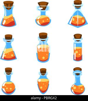 Set di cartoon vector orange pozioni in bottiglie di forma diversa per un gioco Illustrazione Vettoriale