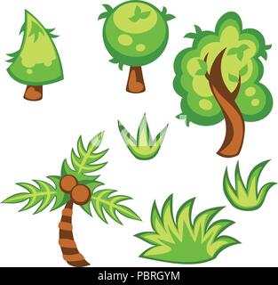 Set di cartoon oggetti vettoriali - verdi alberi e cespugli, erba e un albero di palma Illustrazione Vettoriale