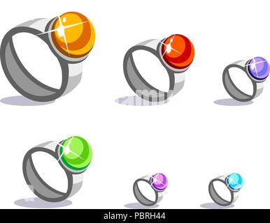 Set di cartoon vettore anelli argento con pietre in diversi colori per un gioco Illustrazione Vettoriale