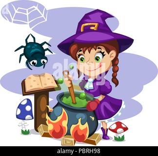 Cartoon ragazza giovane strega personaggio, che prepara una pozione verde nel calderone e spider sospesi dal web, magic spell prenota Illustrazione Vettoriale